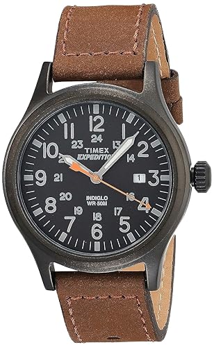 Timex Expedition Scout 40Mm Watch - Black Case, Black Dial, Brown Leather Strap