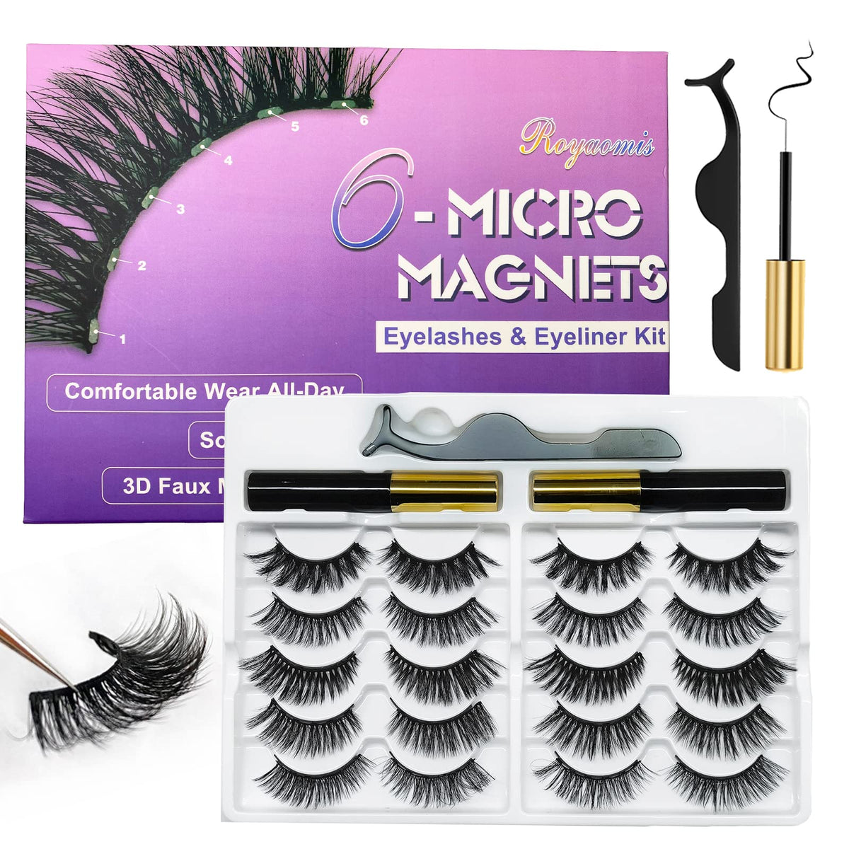 Royaomis Cat-Eye Magnetic Lashes With Eyeliner - 10 Pairs 3D Natural Look Synthetic Eyelashes