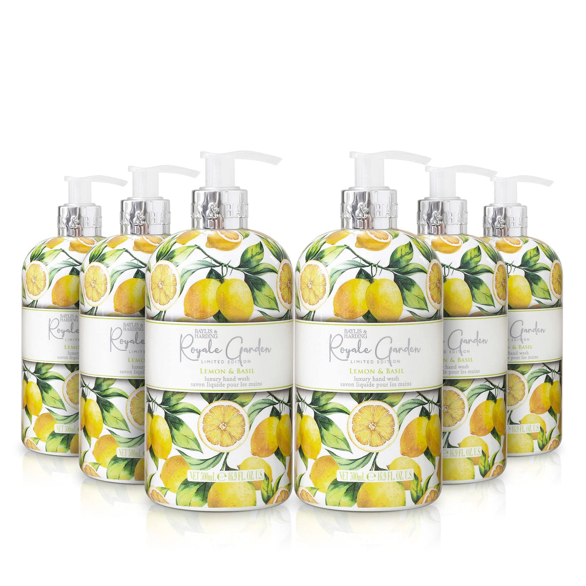 Baylis & Harding Liquid Hand Soap With Dispenser, Lemon & Basil, 16.9Oz, Royale Garden, 6-Pack