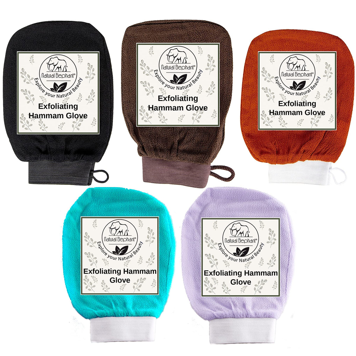 Natural Elephant Exfoliating Hammam Glove Set - 5 Pack In Black, Lilac, Teal, Orange, Brown