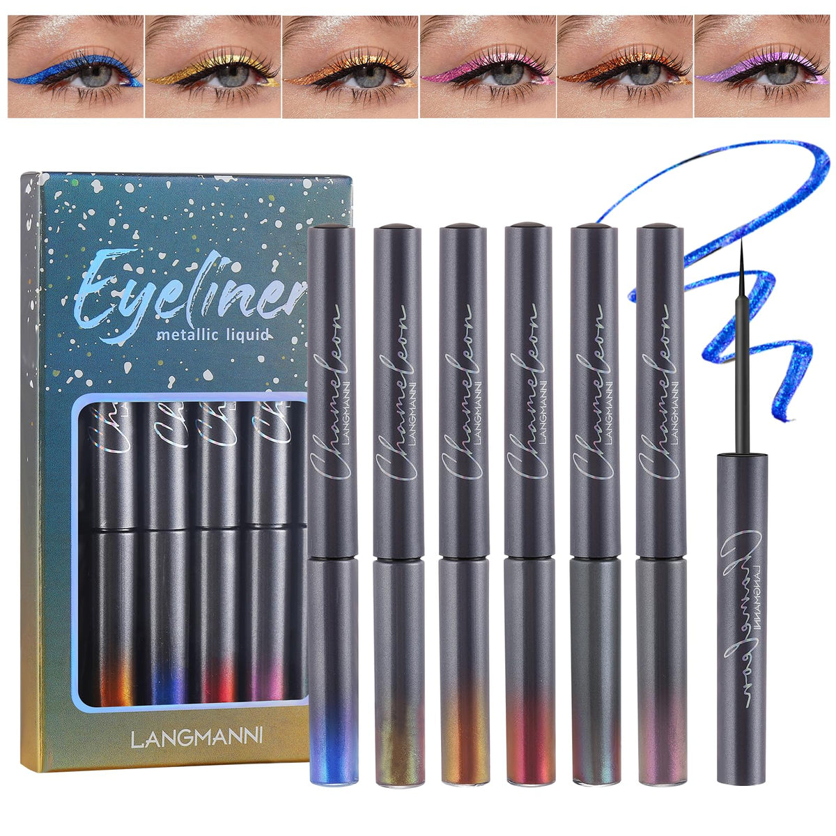 Ofanyia 6Pcs Metallic Liquid Eyeliner Set - Waterproof, Glitter Multichrome, Quick-Drying