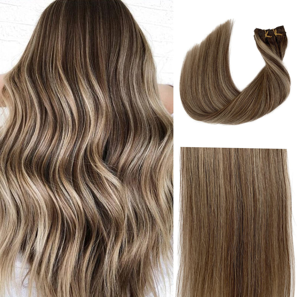 Licoville Clip-in Hair Extensions 12 Inch Real Human Hair Balayage Brown to Beige Highlights 70g