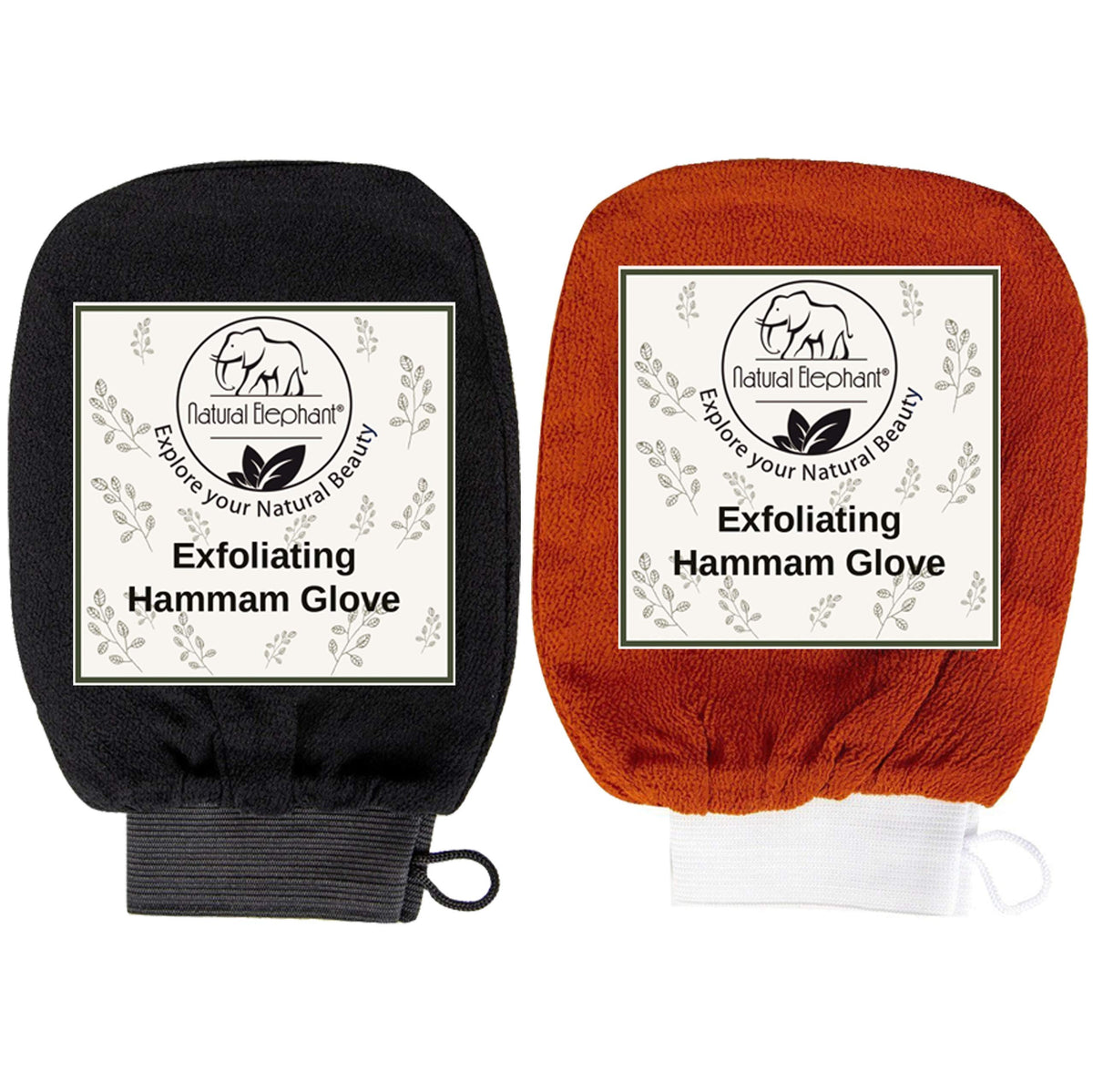 Natural Elephant Exfoliating Hammam Glove Set - Pure Black & Burnt Orange (2 Pack)