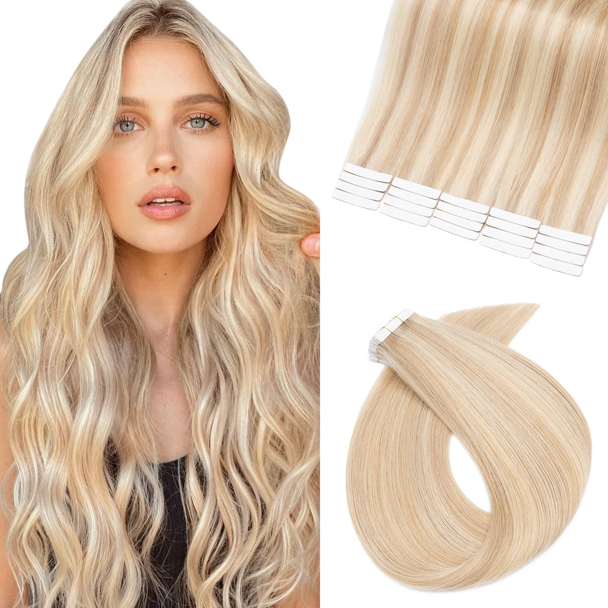 Benehair 18&quot; Remy Tape In Hair Extensions Ash Blonde & Bleach Blonde, 20Pcs 50G Real Human Hair