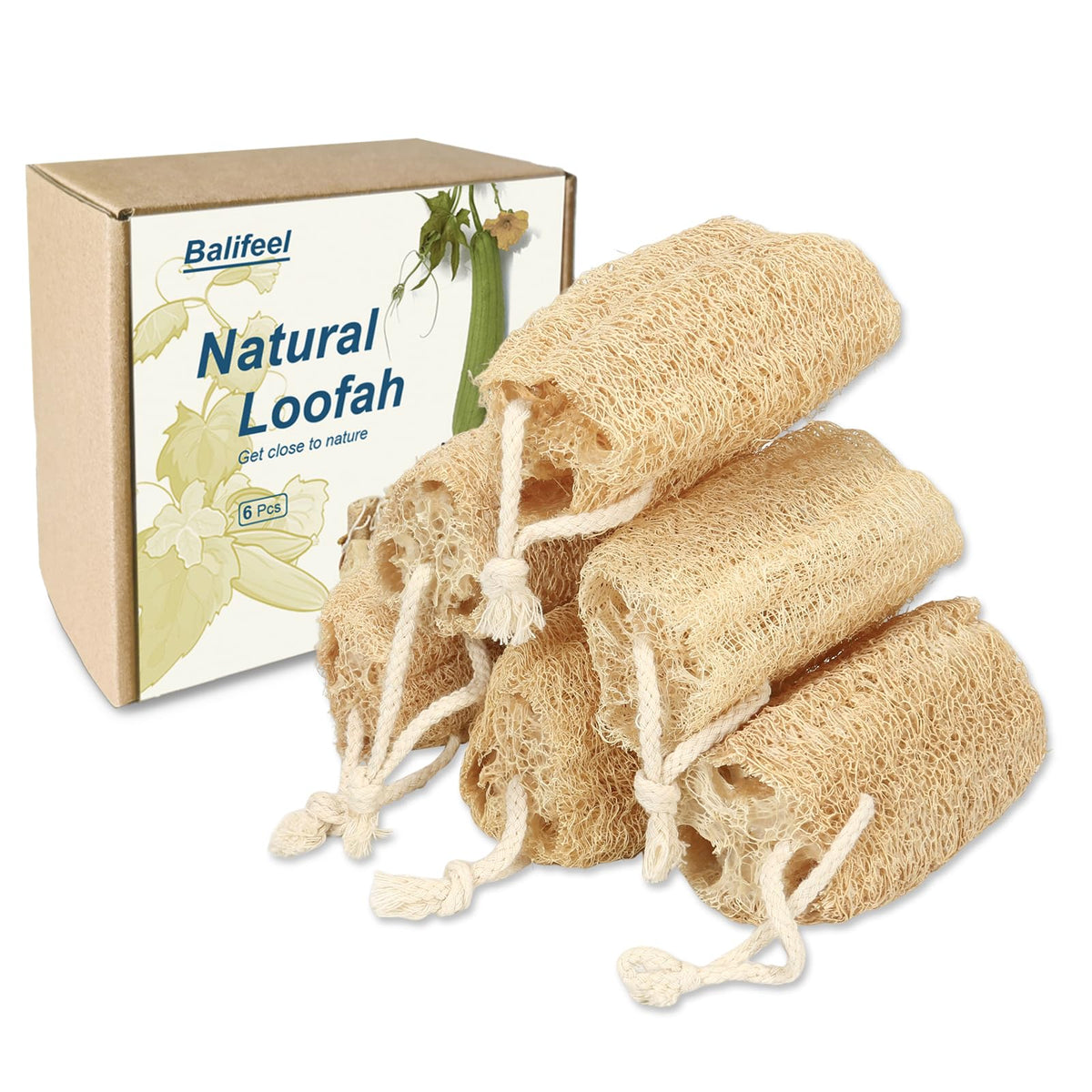 Balifeel Natural Loofah Sponge Set - Exfoliating Body Scrubber For Men & Women, 6 Pack