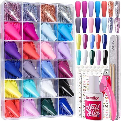 Teenitor Long Fake Nails Kit - 10 Matte, Glossy & Glitter Press On Nail Colors, Acrylic