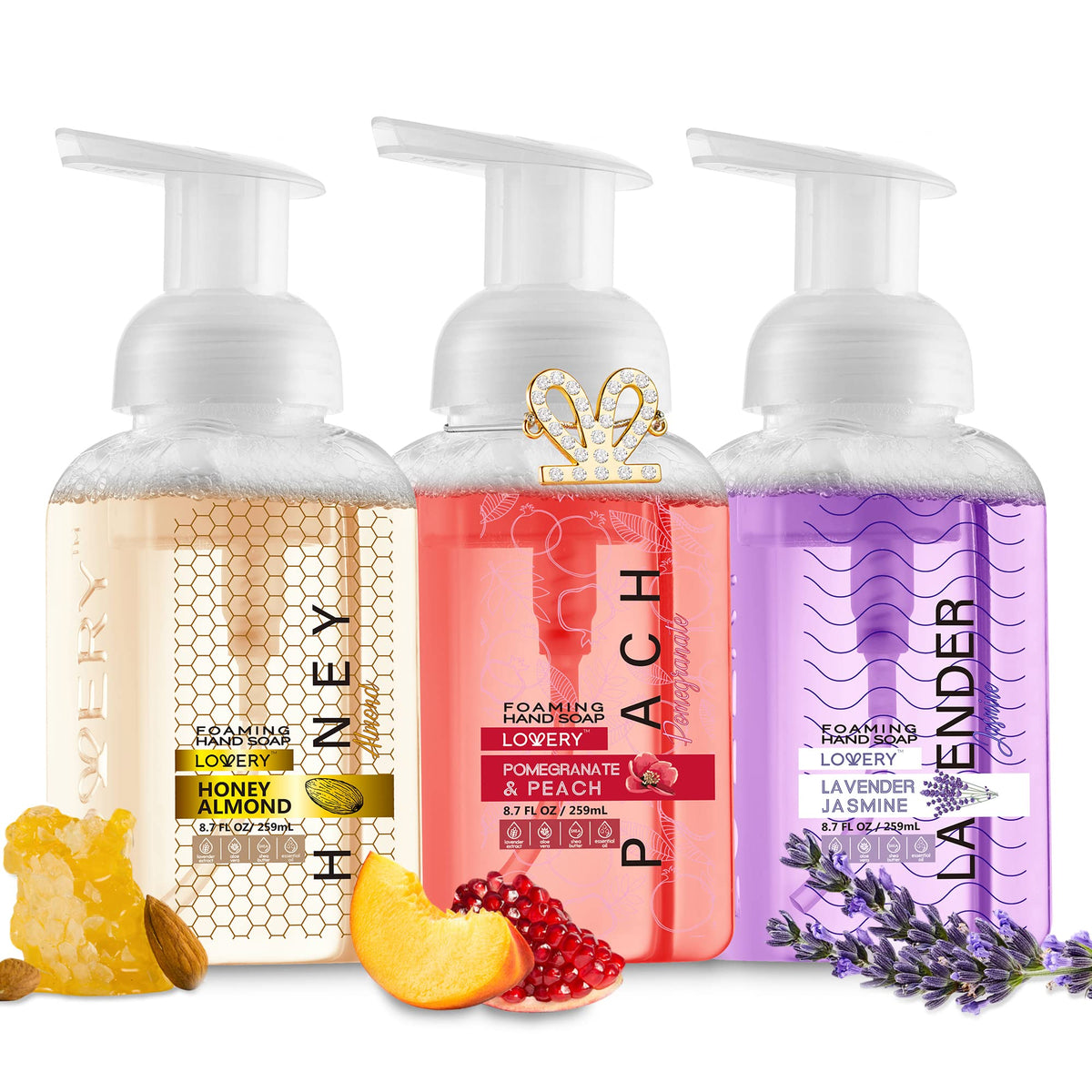 Lovery Foaming Hand Soap 3-Pack With Aloe Vera & Essential Oils, Alcohol-Free, Honey Almond, Lavender