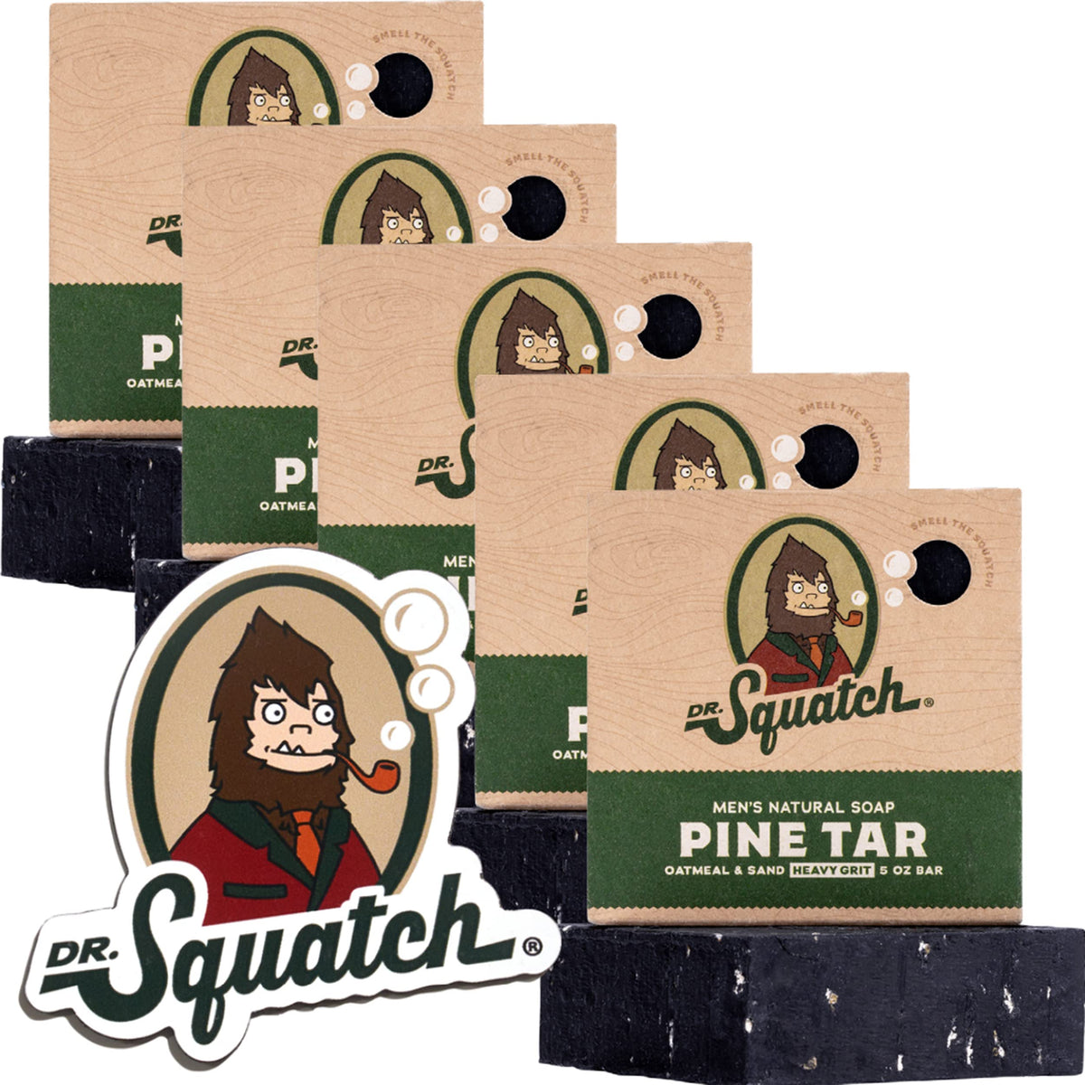 Dr. Squatch Pine Tar Natural Bar Soap 5 Pack - 5 Ounce With Collectible Magnet