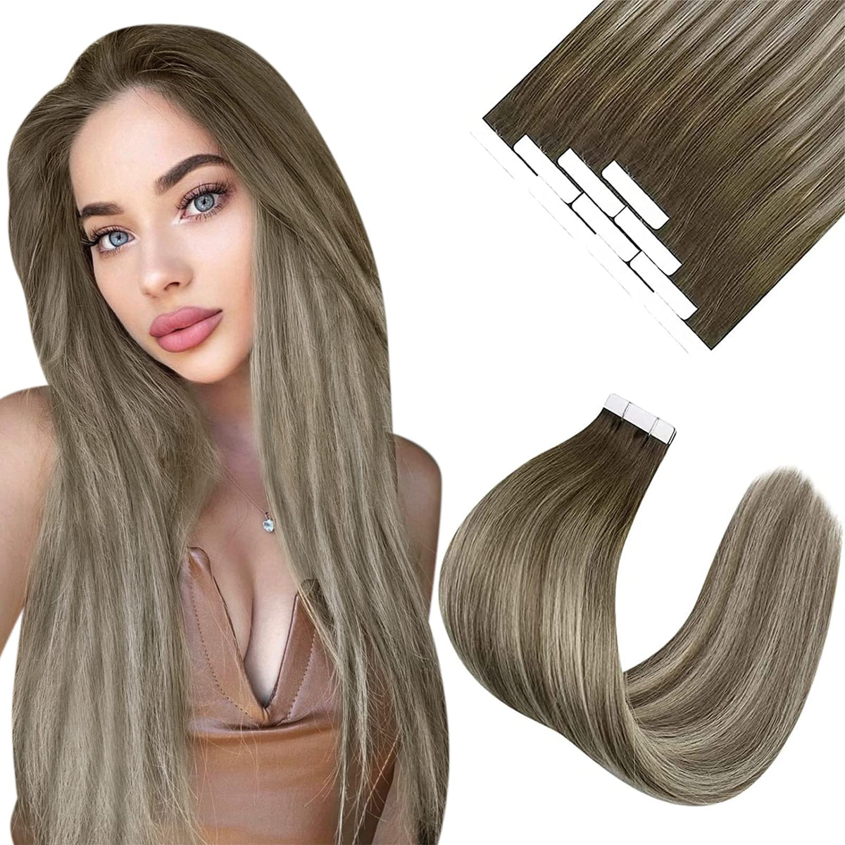 Vesunny Tape In Hair Extensions, Balayage Light Brown & Golden Blonde, 18&quot;, 10Pcs, Human Hair