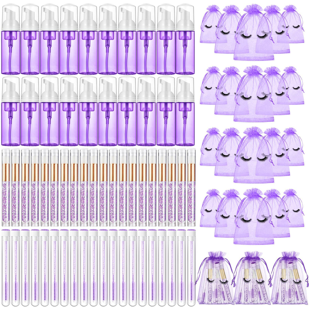 Zhehao 80 Pcs Lash Shampoo Brushes Set - Foam Pump Dispensers, Aftercare Bags, Purple