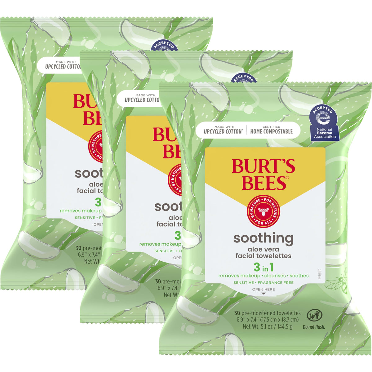 Burt'S Bees Aloe Vera Face Wipes For Sensitive Skin, Soothing Makeup Remover, 30 Ct (3-Pack)