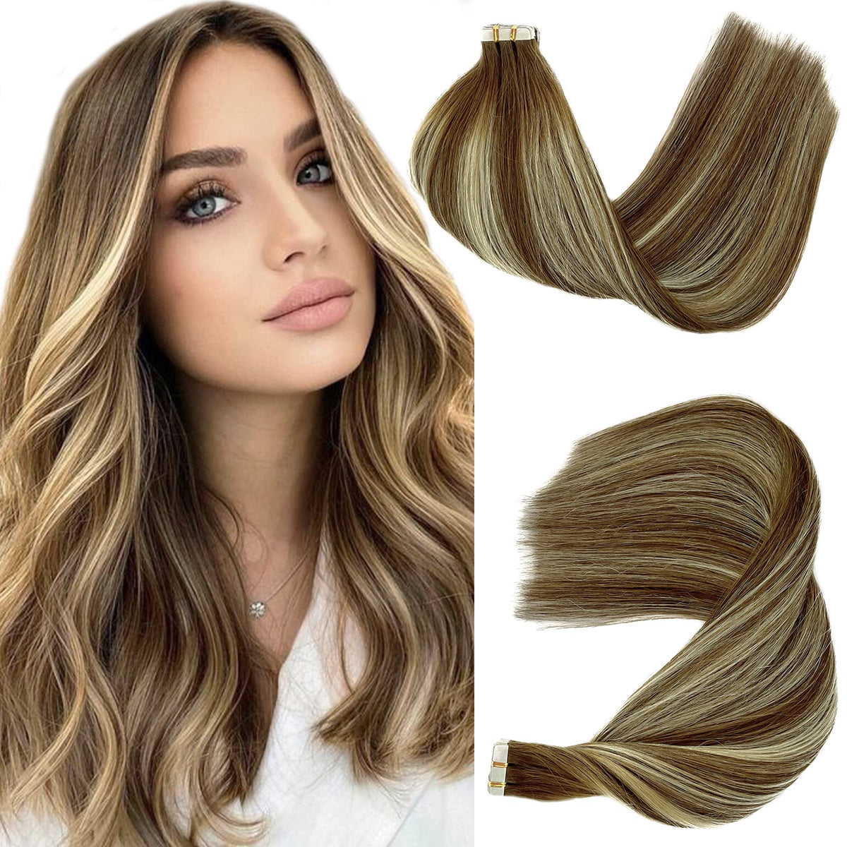 Benafee 24&quot; Human Hair Tape In Extensions Balayage Brown To Blonde, 20Pcs Double Sided