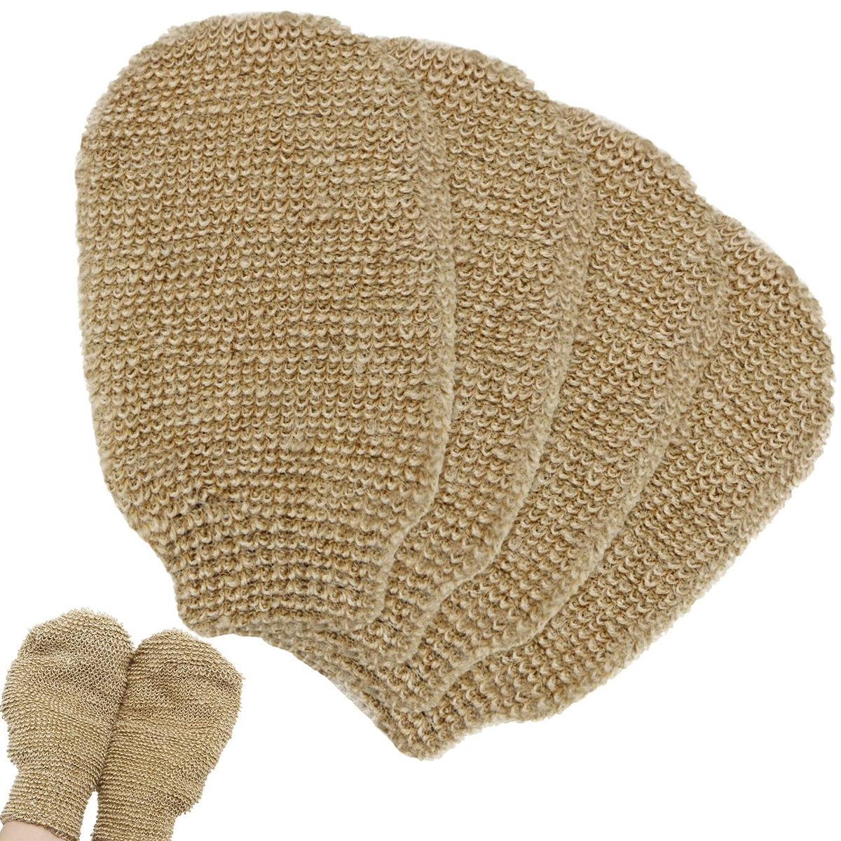 Tatuo Hemp Bath Mitts - 4 Natural Exfoliating Loofah Shower Gloves, Machine Washable, Brown