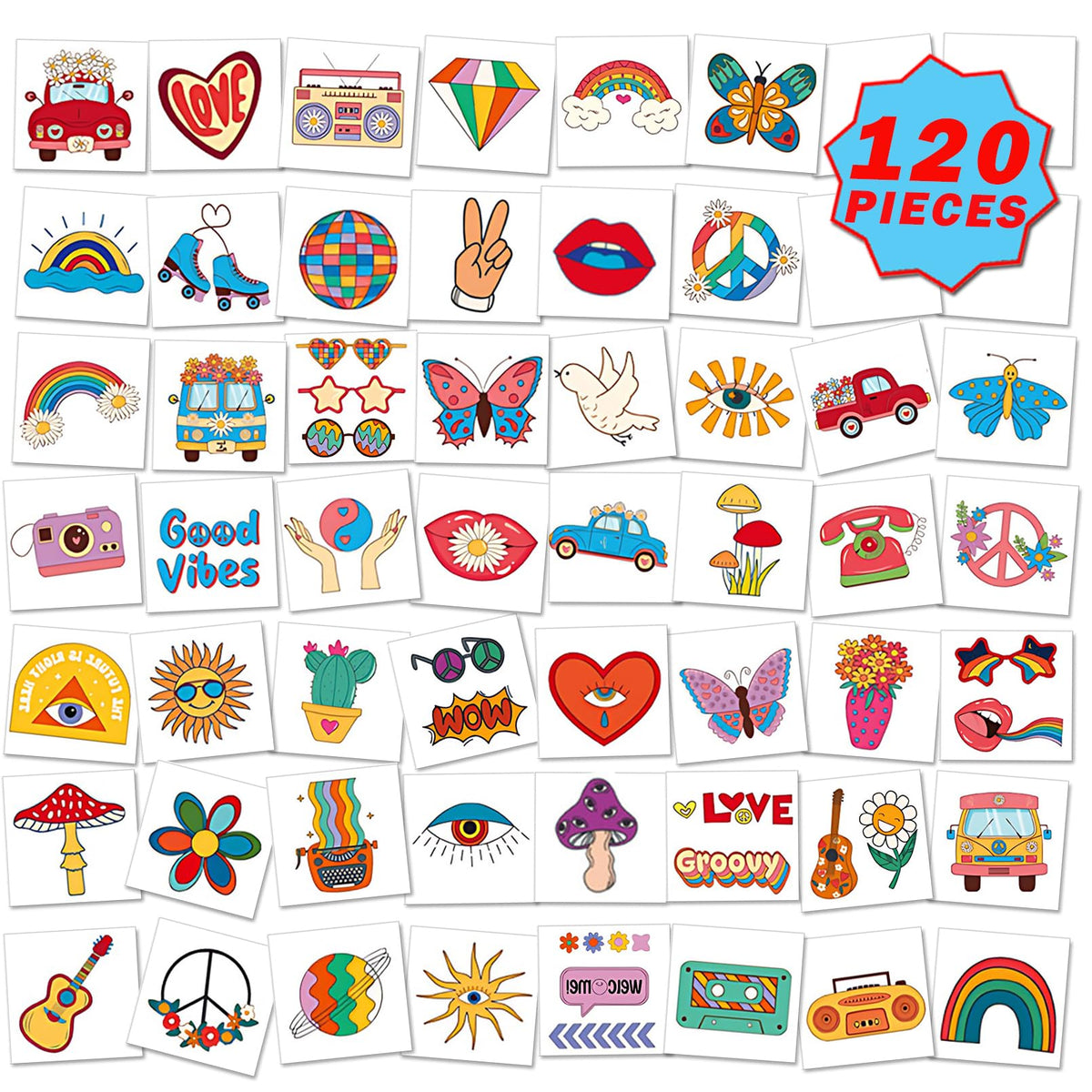 Casciybo Hippie Temporary Tattoos - 10 Sheets Waterproof Rainbow Stickers For Adults & Kids