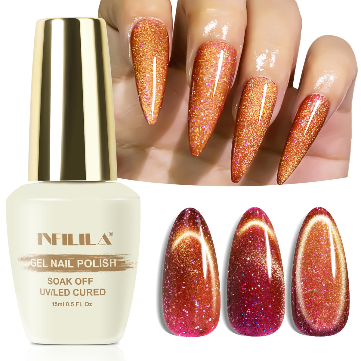 Nxj Infilila Cat Eye Gel Nail Polish 15Ml - Holographic Pink Orange Glitter, Hema Free