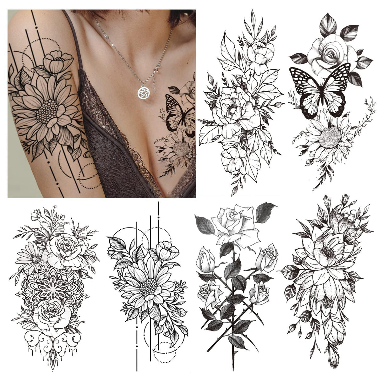 Cerlaza Waterproof Temporary Tattoos For Women - Realistic Flower Half Arm Sleeve Stickers