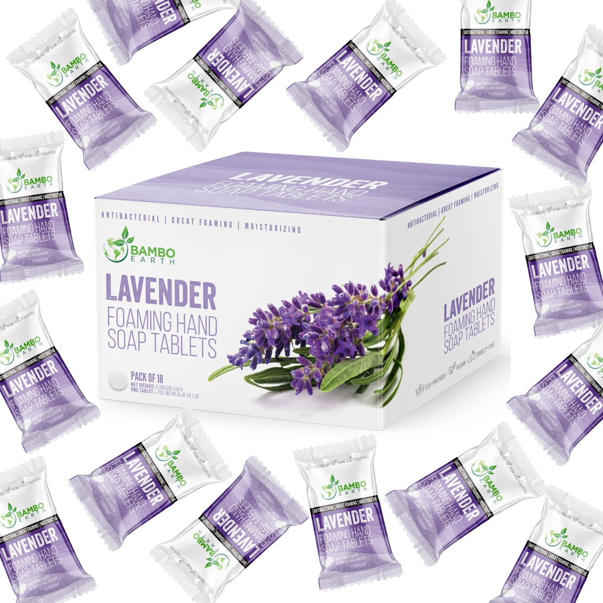 Bamboearth 18 Pack Foaming Hand Soap Tablets - Eco-Friendly Lavender Refill For 9 Oz Liquid Wash