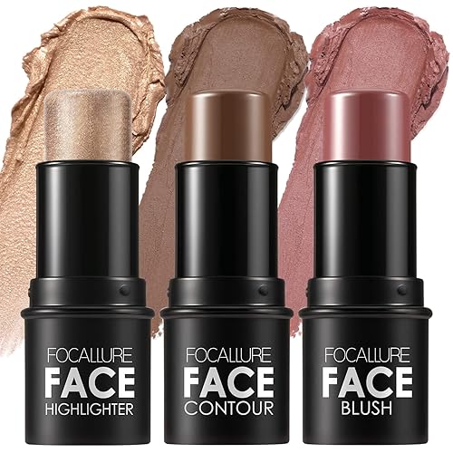 FOCALLURE Cream Contour Sticks Set - 3 Non-Greasy Shades with Highlighter, Bronzer & Blush, MED