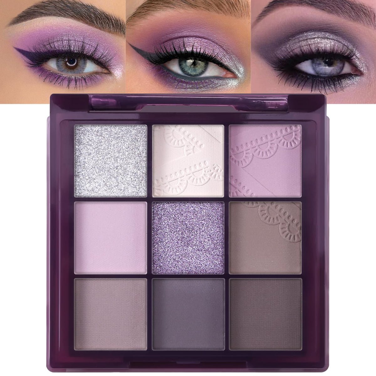 Erinde 9 Colors Eyeshadow Palette - Matte, Shimmer & Glitter, Waterproof, Purple Dreamscape