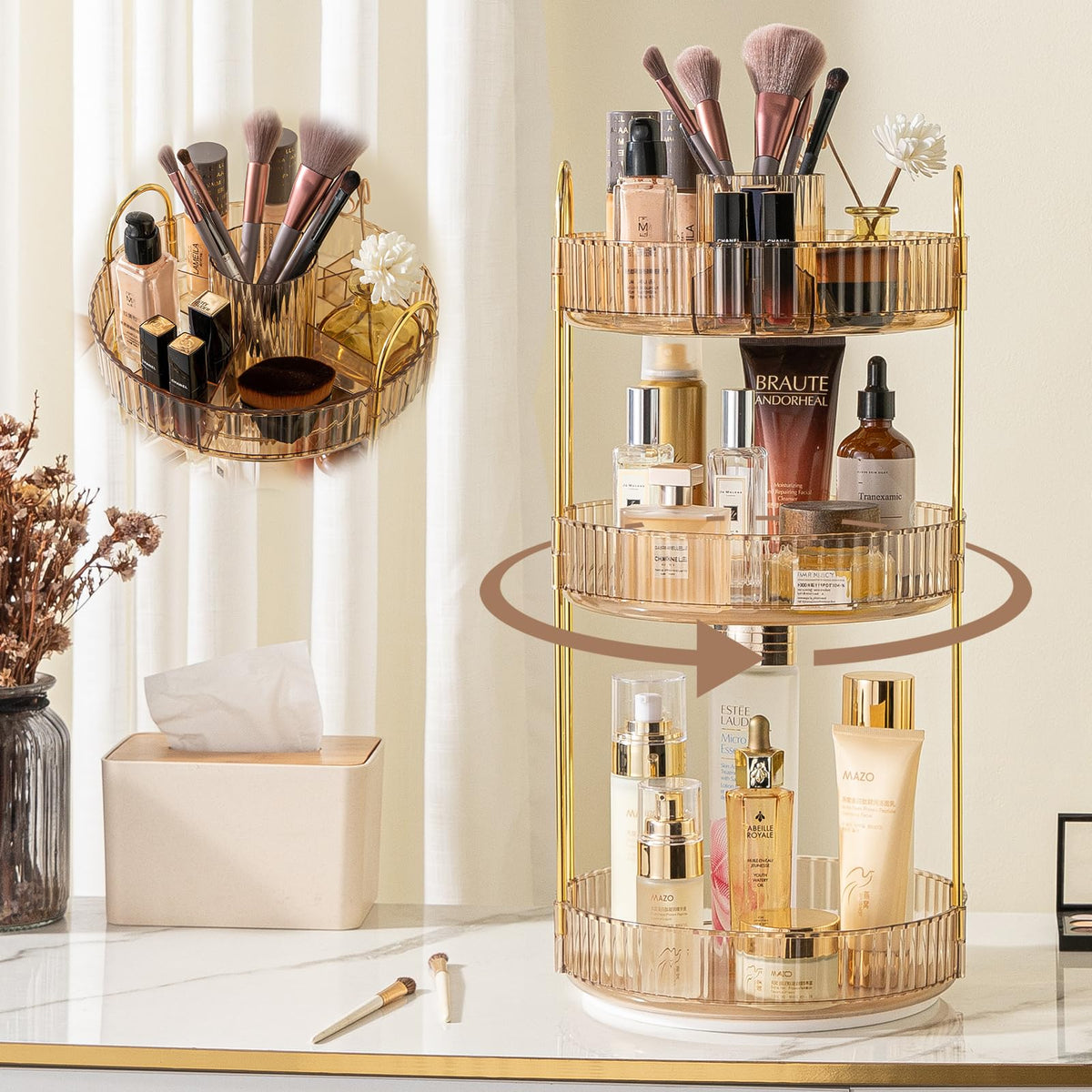 Shuang Qing 360° Rotating Makeup Organizer - 3 Tier High-Capacity Vanity Storage (Gold)