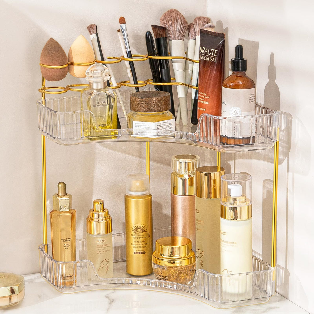 Nature'S Source 2-Tier Clear Makeup Organizer With Brush Holder - Corner Bathroom Storage