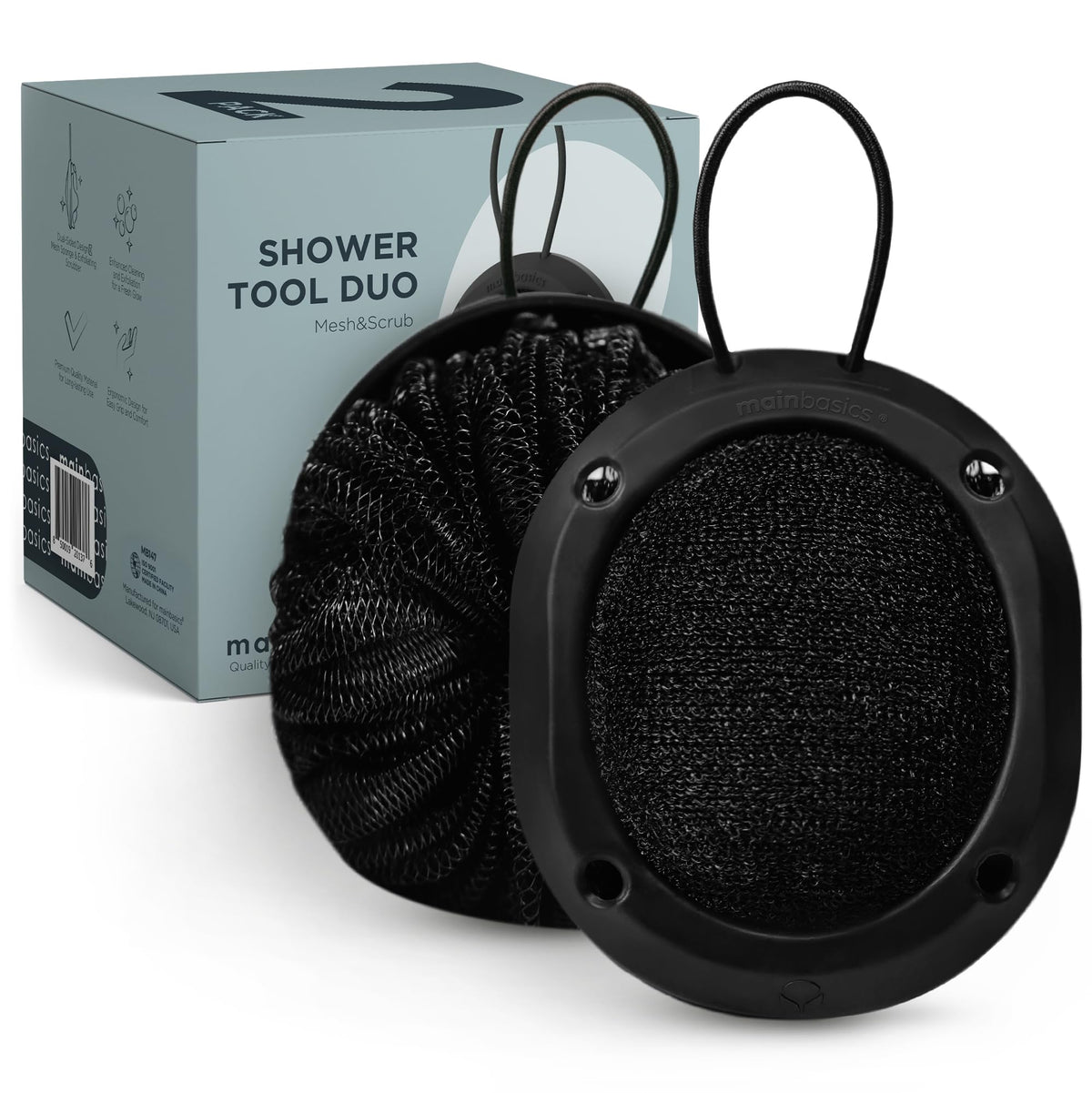 Mainbasics Shower Tool Duo - 2-In-1 Loofah Sponge & Exfoliating Scrubber, Black, 2 Pack