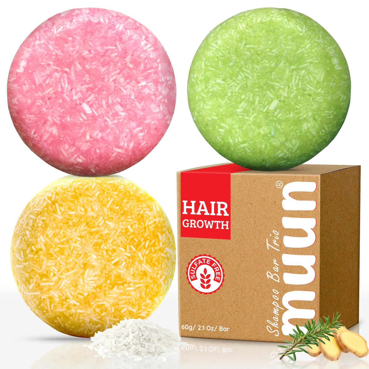 Muun Ginger Rosemary Rice Water Shampoo Bar Pack Of 3 - Hair Growth, Thickening, Sulfate Free