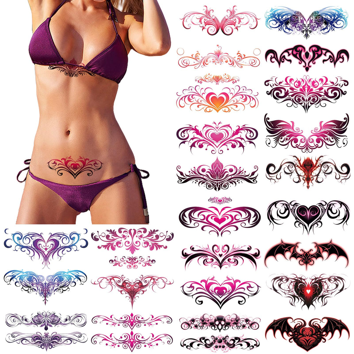 Hinchjone 24 Sheets Sexy Heart Temporary Tattoos - Waterproof Body Stickers For Women & Girls