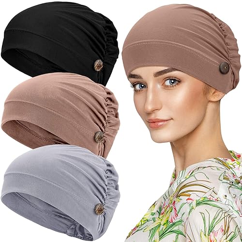 Geyoga 3-Piece Unisex Bouffant Caps With Buttons - Stretchy Turban Headbands (Black, Gray, Kh