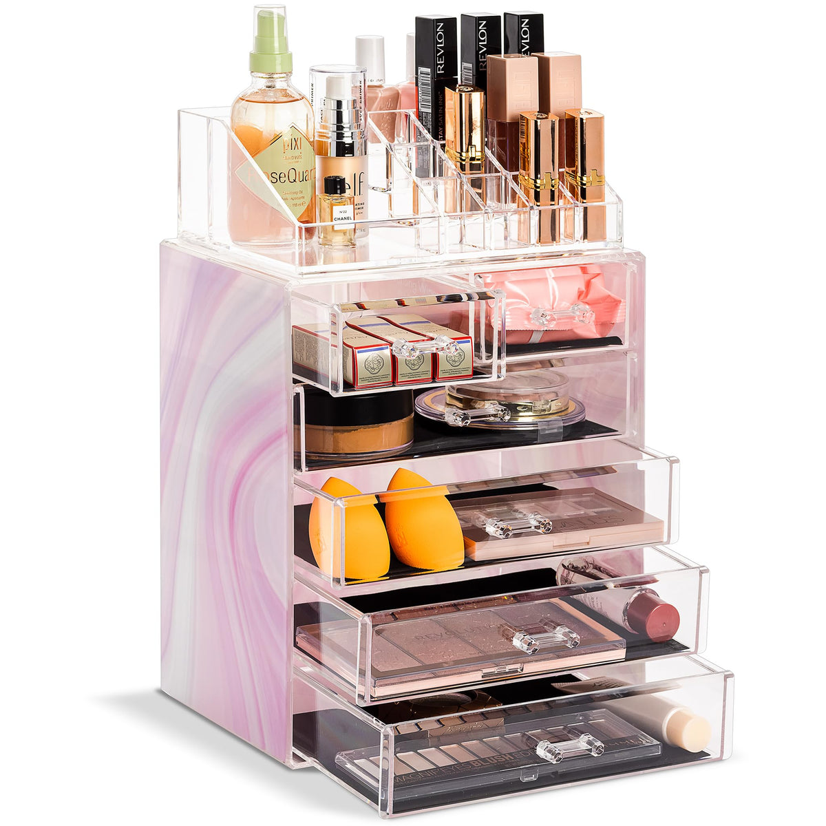 Sorbus Tie Dye Clear Cosmetic Makeup Organizer With 4 Large & 2 Small Drawers For Vanity & Bathroom