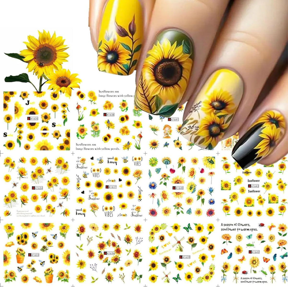 Jatomssm Sunflower Nail Stickers - Floral Butterfly Water Transfer Decals For Nail Art, 12Pcs