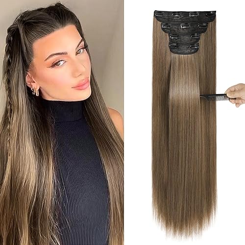 REECHO 28&quot; Light Ash Brown Clip-In Hair Extensions - 4 PCS Thick Set, 320g