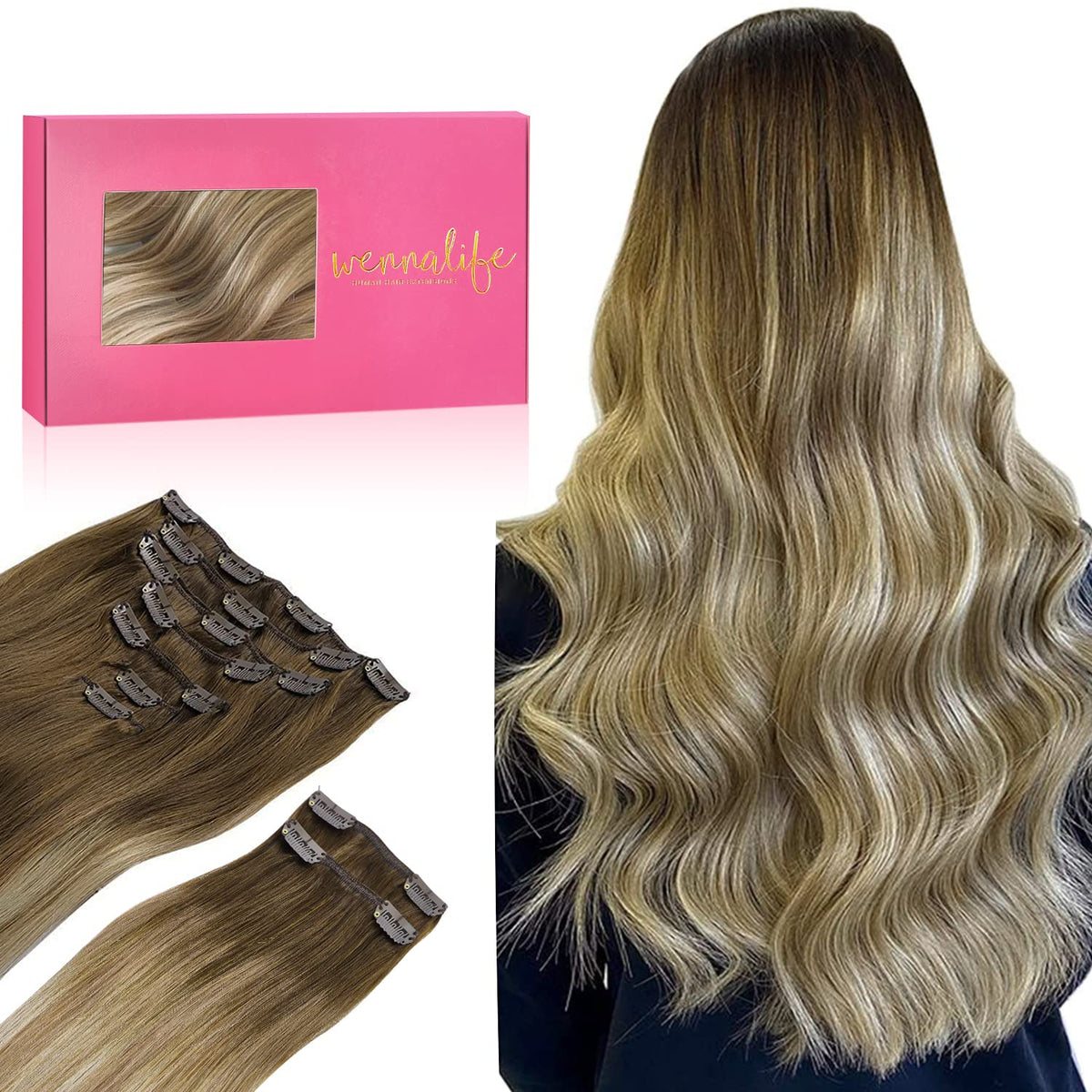 WENNALIFE 14&quot; Clip in Hair Extensions 150g Ombre Walnut to Ash Brown & Bleach Blonde Human Hair