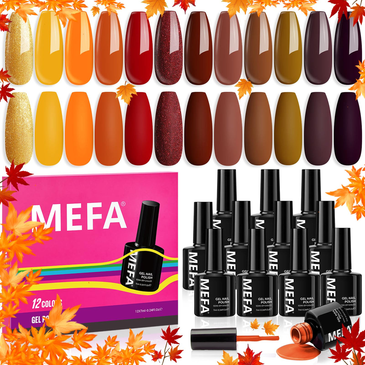 Mefa Fall Gel Nail Polish Set, 12 Colors Autumn Collection, Soak Off Nail Art Kit For Women