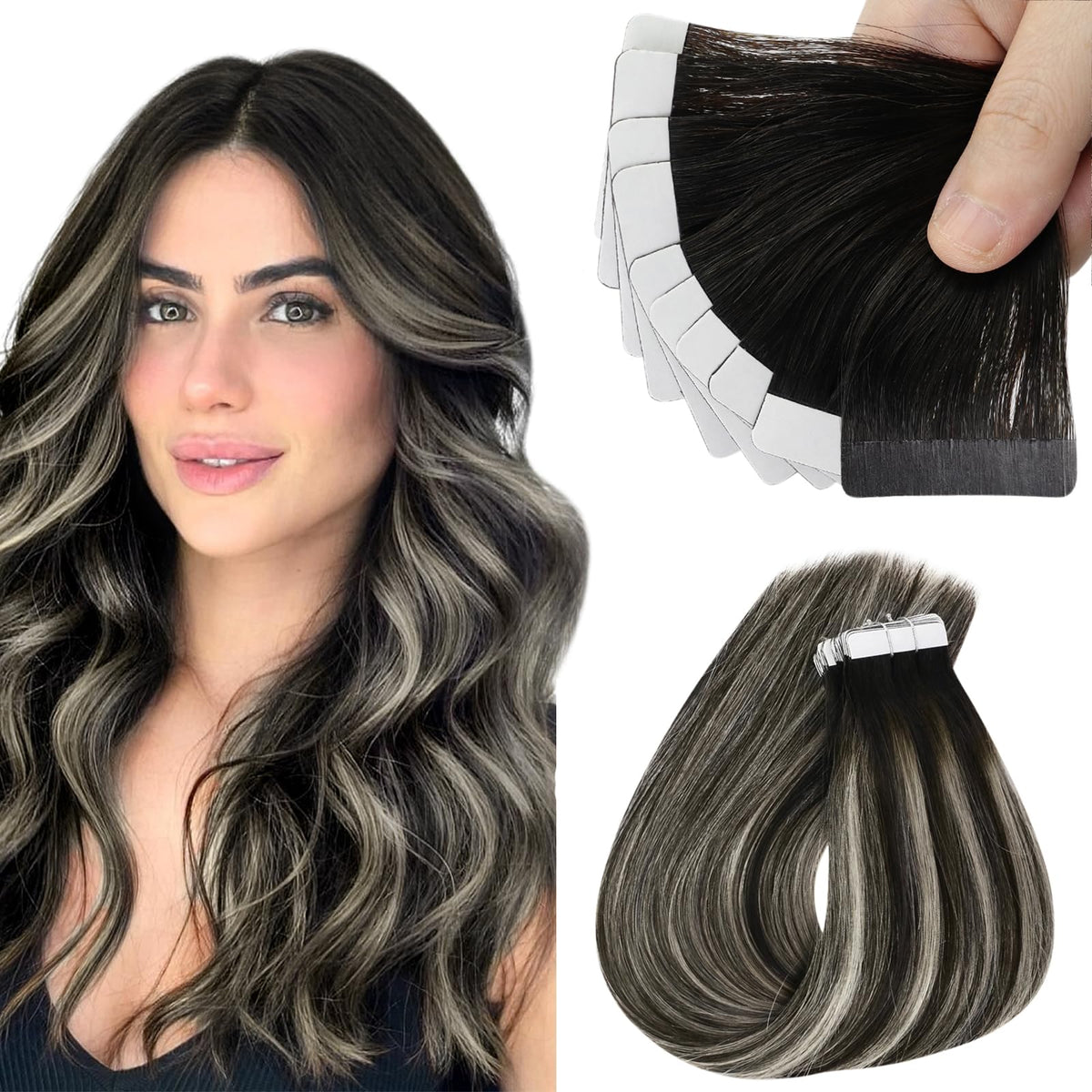 Sunny Hair Tape In Extensions 18&quot; Black Ombre To Silver Grey Remy Human Hair Balayage