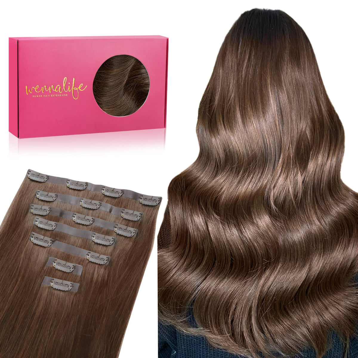 WENNALIFE 22&quot; Clip In Human Hair Extensions, 150g Seamless Chocolate Brown Remy Hair 7pcs