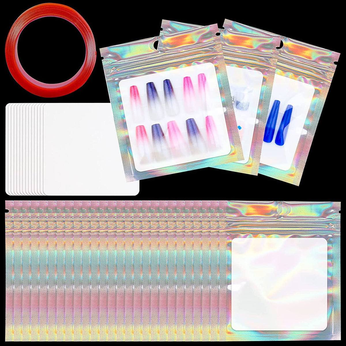 Lokyango 50Pcs Holographic Nail Storage Bags With Cardboard & Tape For Handmade Nails Display