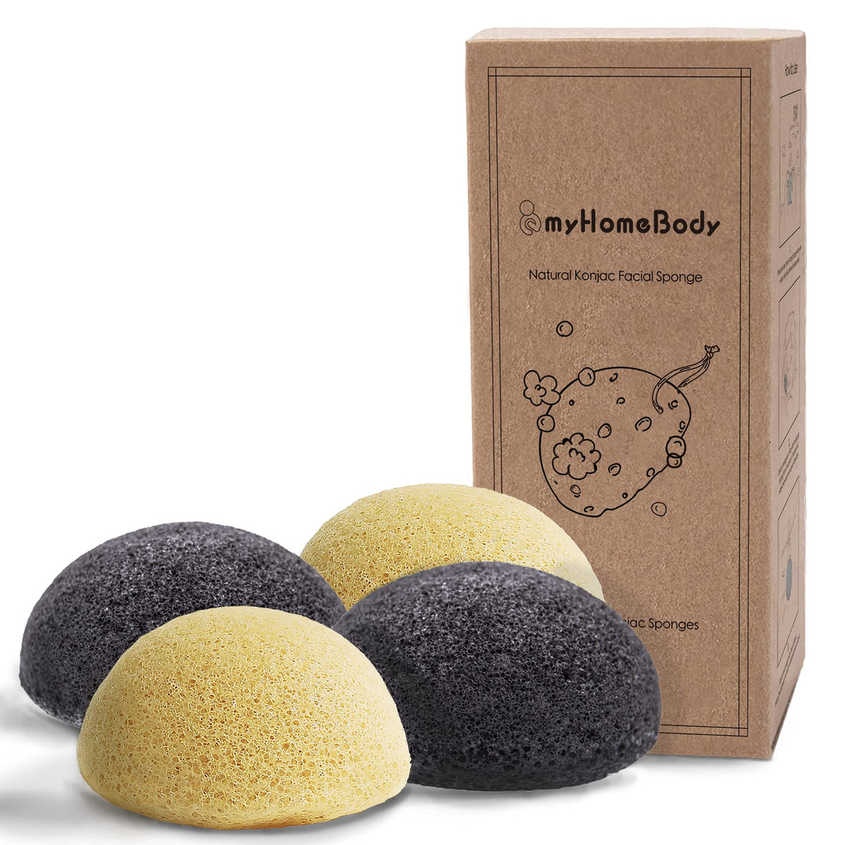 Myhomebody Konjac Facial Sponges - 4 Count (2 Turmeric Yellow, 2 Charcoal Gray) For Gentle Cleansing