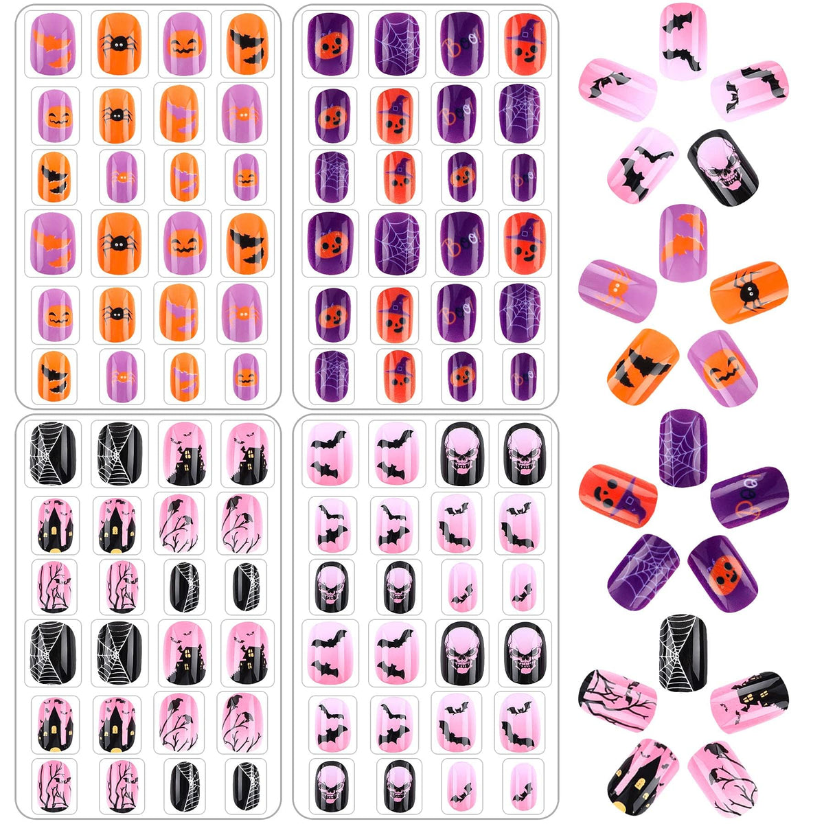 JANYUN 96 Pcs Kids Halloween Fake Nails - Short Acrylic Nail Tips for Little Girls