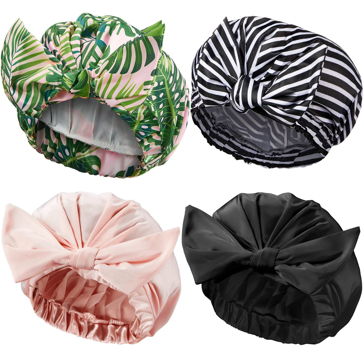 Floraltop Waterproof Satin Shower Caps For Women - 4 Pcs Elastic Turban Hair Caps (Stripe)