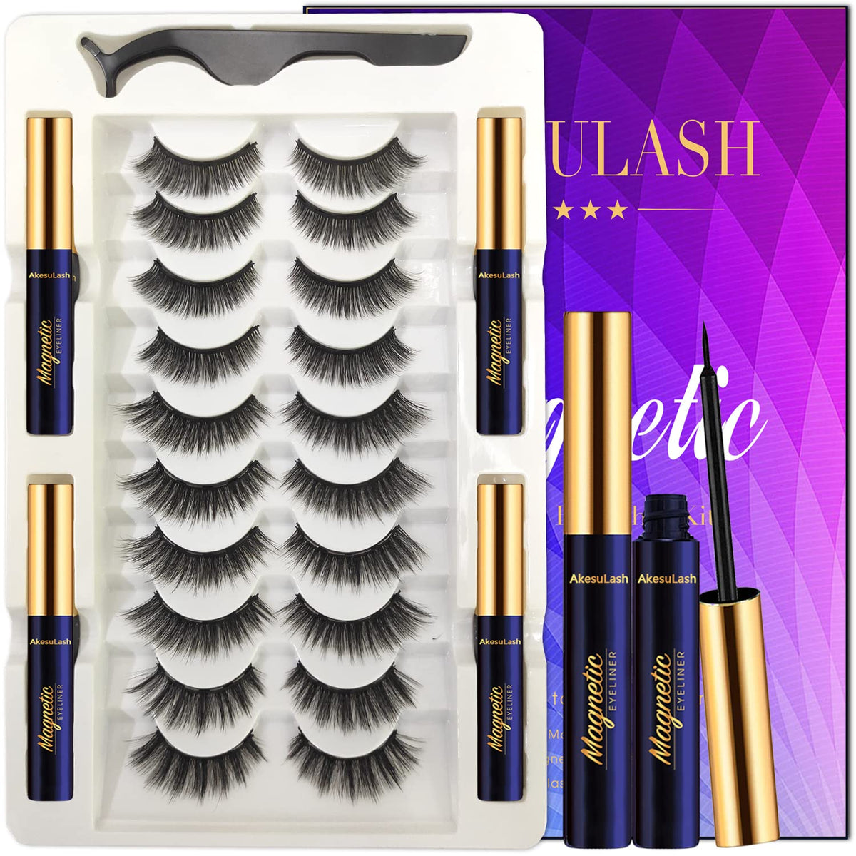 Akesulash Magnetic Eyelashes Kit - 10 Pairs Reusable Natural Look With Liner Applicator