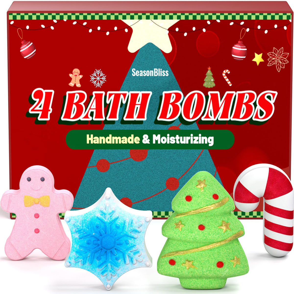 Seasonbliss Christmas Bath Bombs Set, 4 Pcs Handmade Shower Bombs For Kids & Adults