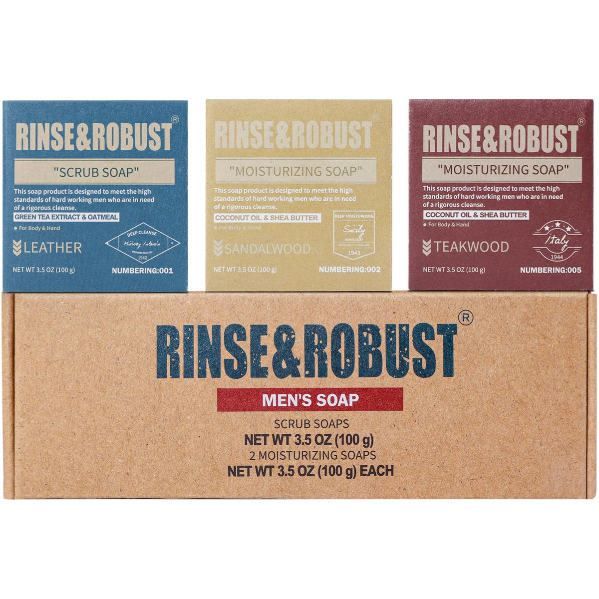 Rinse & Robust Handmade Men'S Bar Soap Set - 3 Pack, Moisturizing & Exfoliating, Leather & Sandalwood