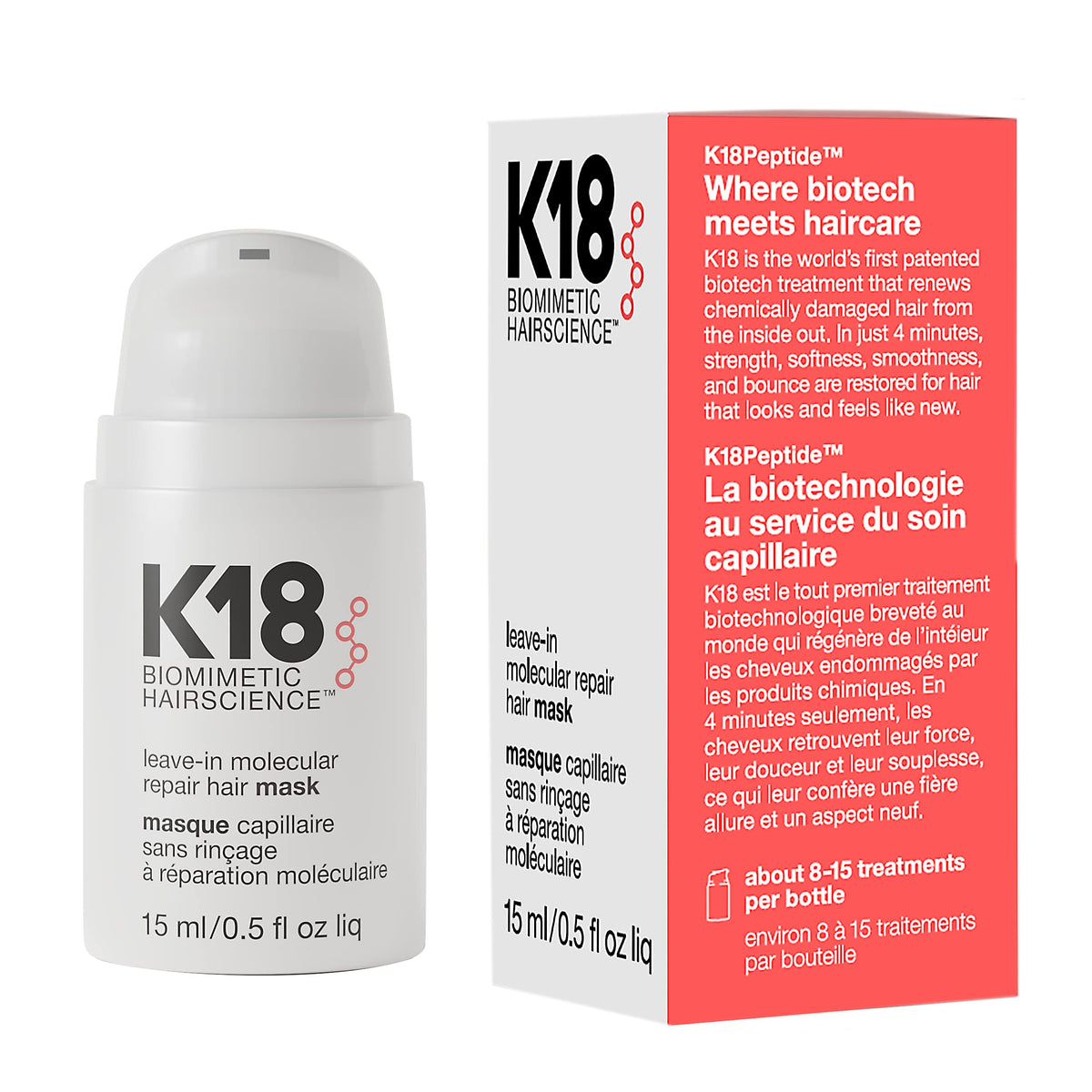 K18 Mini Leave-In Hair Mask Treatment For Damaged Hair - 4 Min Repair From Bleach & Color, 15Ml