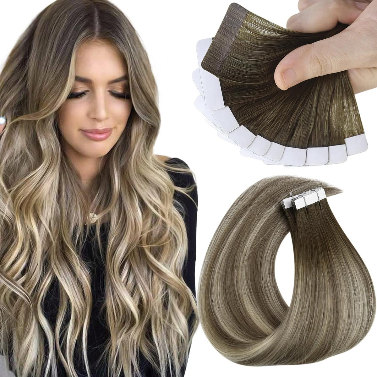 Sunny Hair Tape In Human Hair Extensions 16&quot; Balayage Brown To Blonde Remy Half-Tape