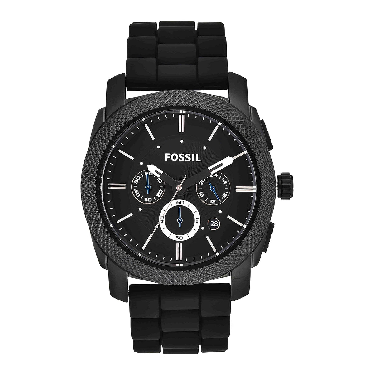 Fossil Men'S Machine Black Silicone Chronograph Watch, Stainless Steel, Model Fs4487