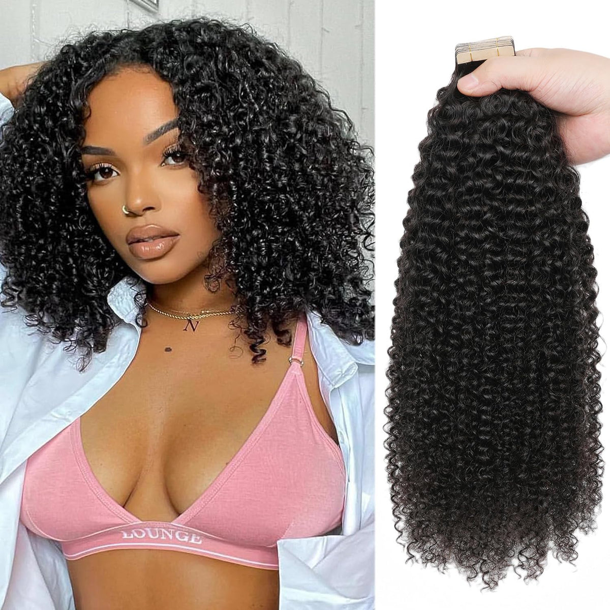 Hotlulana Kinky Curly Tape In Hair Extensions - 14 Inch, 20 Pcs, Human Hair For Black Women