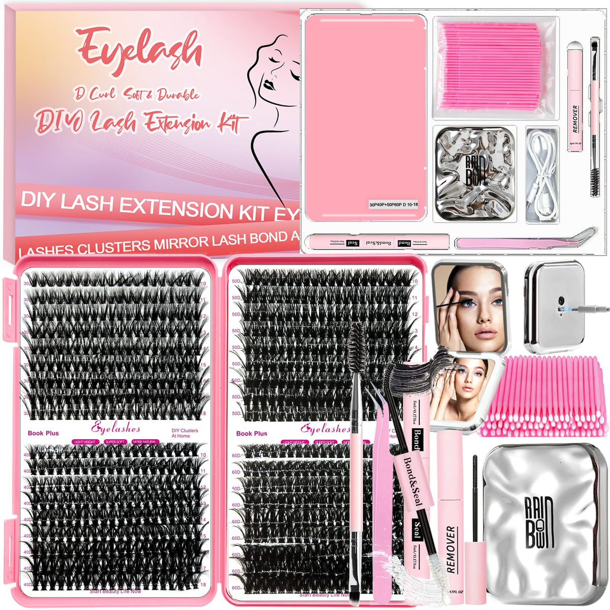 Qiveaory Diy Lash Extension Kit - 720Pcs Clusters, Mirror, Bond, Seal, Tweezers, Brush