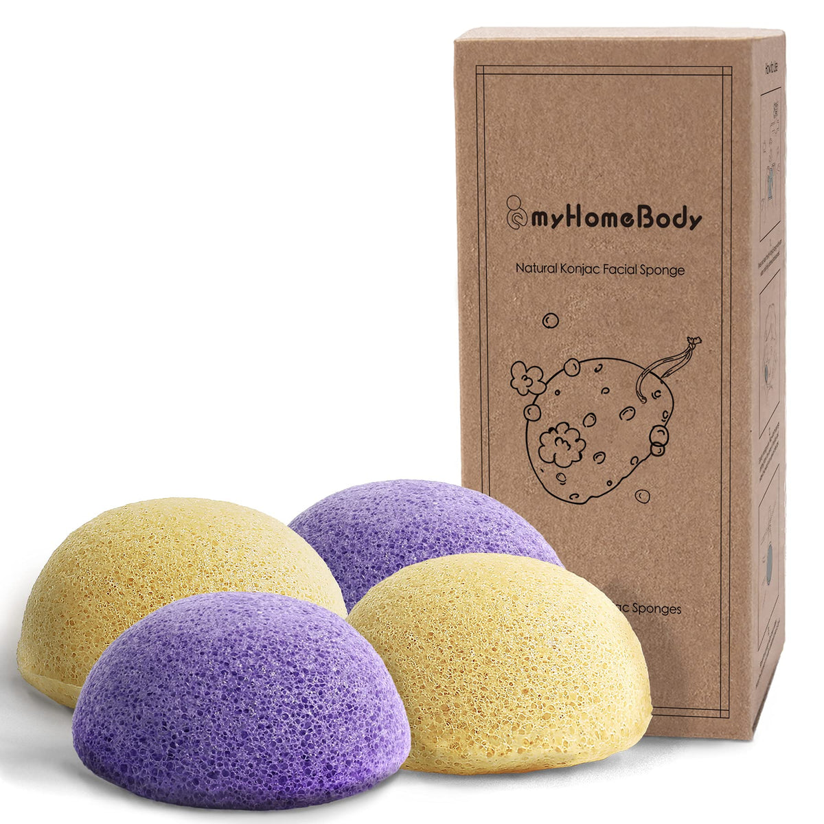 Myhomebody Konjac Facial Sponges - Gentle Cleansing & Exfoliation, 4 Count (Lavender & Turmeric)