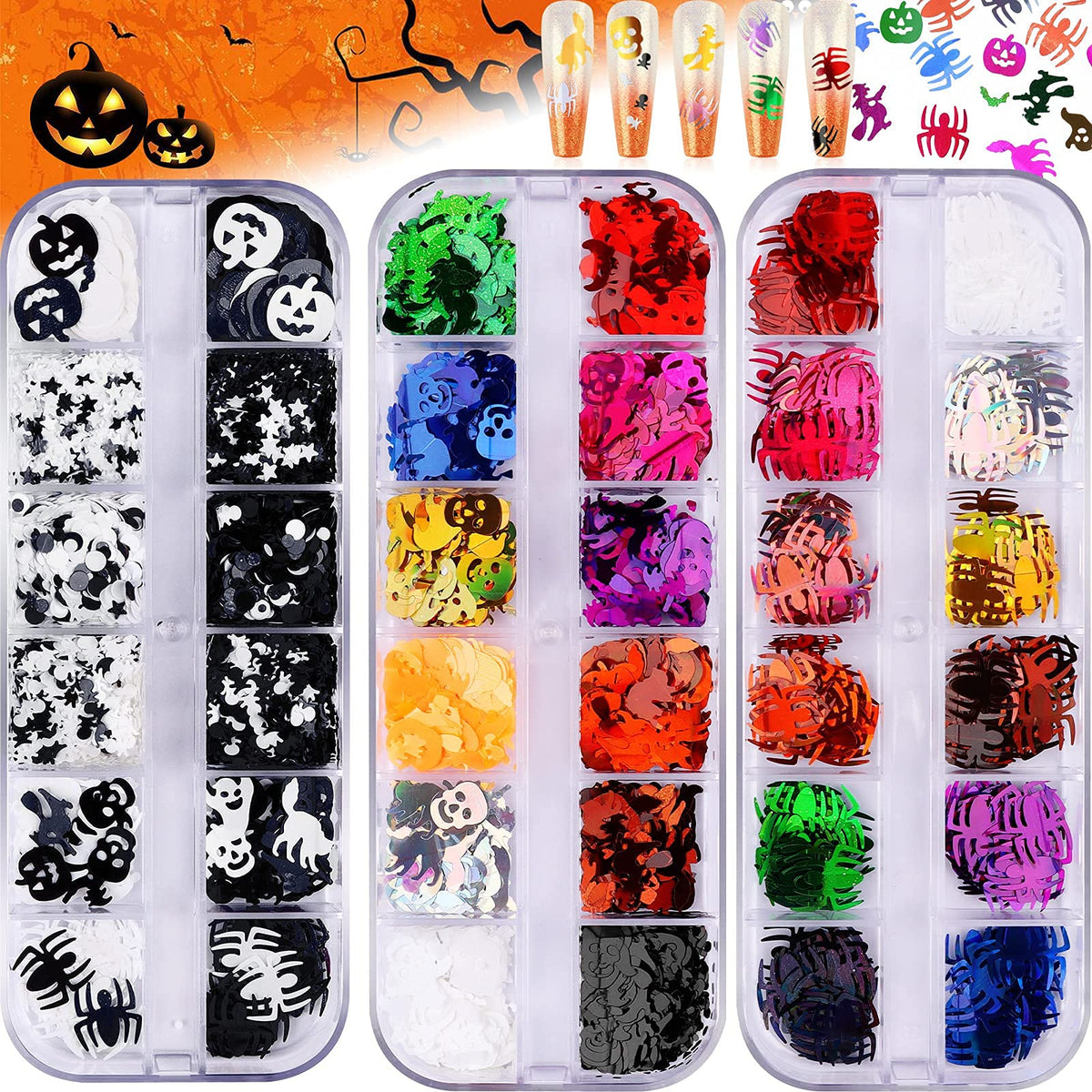 Ebanku Halloween Nail Art Glitter Sequins - Skull, Spider, Pumpkin, Bat, Ghost Confetti (3 Boxes)